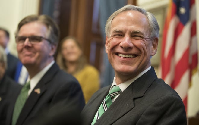 Lt. Gov. Dan Patrick and Gov. Greg Abbott spoke at a Capitol press conference Thursday about tax reform in Texas.  [RICARDO B. BRAZZIELL/AMERICAN-STATESMAN]