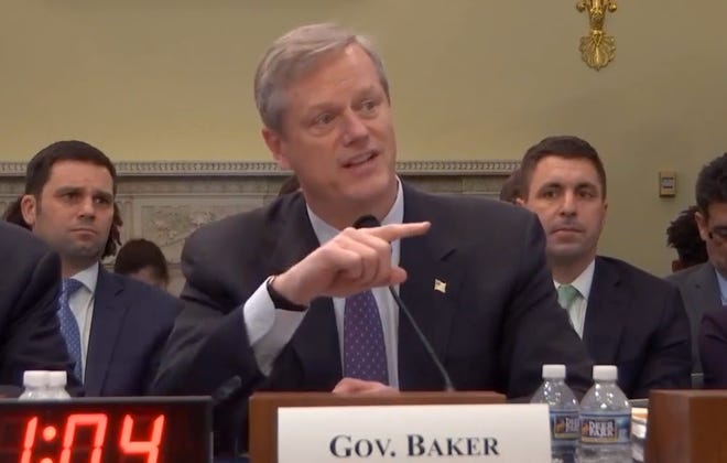 Gov. Charlie Baker testified about climate change adaptation on Wednesday before the U.S. House Natural Resources Committee.  [Courtesy Photo / Committee livestream]