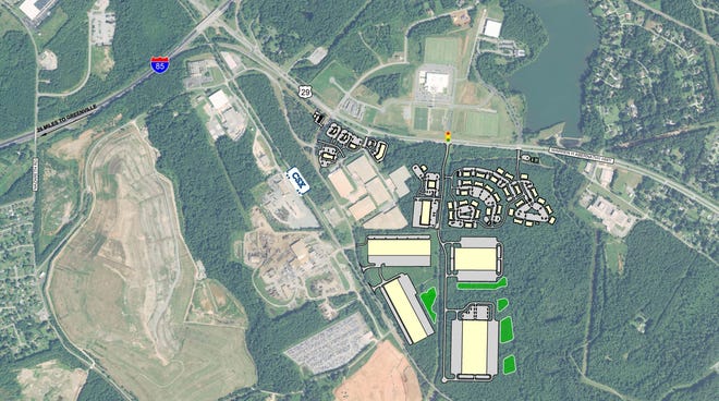 Aerial rendering showing the site of the planned Grand Oaks multi-family apartment community, at right above the two yellow-colored buildings. At left are plans for a hotel and restaurants. [IMAGE COURTESY JIMMY GIBBS]