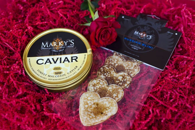 Marky's Siberian Sturgeon Caviar and Russian blini shaped hearts are available at Amici Market for Valentine's Day. [Photos by Meghan McCarthy/palmbeachdailynews.com]