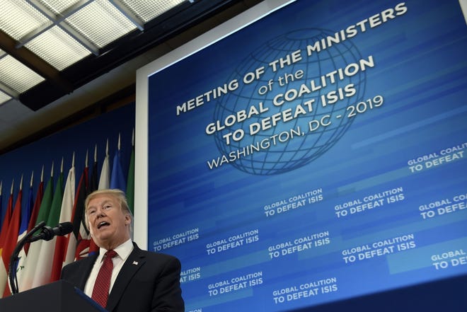 President Donald Trump speaks at the Global Coalition to Defeat ISIS meeting at the State Department in Washington, Wednesday, Feb. 6, 2019. (AP Photo/Susan Walsh)