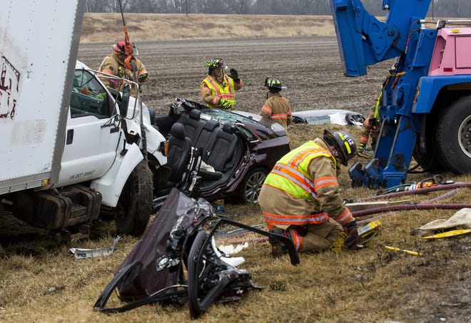 The Sangamon County Sheriff's Department investigated a collision between a car and truck on Recreation Drive Wednesday, Feb. 6, 2019 in Springfield, Ill. A woman who was trapped in the car was transported to the hospital and later died. [Rich Saal/The State Journal-Register]