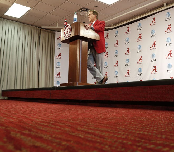 Alabama football coach Nick Saban addresses the media Wednesday at the conclusion of National Signing Day. Alabama signed just three players, but had 24 players sign in the early period in December. ESPN and 247Sports ranked the Crimson Tide with the No. 1 signing class in the nation. [Staff Photo/Gary Cosby Jr.]