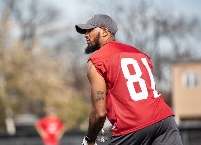 Former Penn State Beaver basketball standout Darius Prince lines up during practice with the San Antonio Commanders of the new Alliance of American Football, which debuted Saturday. [Photo courtesy Sam Antonio Commanders]