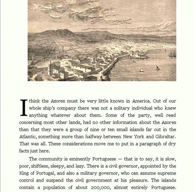 Capítulo 6 de “The Inocents abroad” em que Mark Twain fala dos Açores.