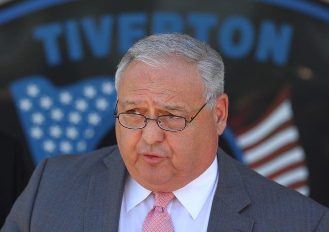 Tiverton Police Chief Tom Blakey addresses the media outside the police station following an officer-involved shooting in 2016. A federal jury this week cleared Tiverton police officers, including Blakey, of wrongdoing in the 2012 arrest and alleged assault of a commercial fisherman after a two-plus week trial in U.S. District Court. [GLENN OSMUNDSEN/THE PROVIDENCE JOURNAL]