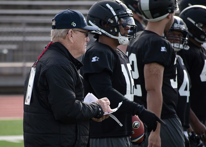Bill Polian, Alliance of American Football head of football and co-founder, watches as players with the Birmingham Iron practice in San Antonio. Nearly four decades removed from a stint in the short-lived USFL, Pro Football Hall of Famer Bill Polian will preside over the opening weekend of the newest spring league, the Alliance of American Football. [Alliance of American Football via AP]