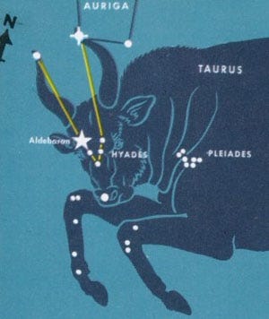 This star chart shows the main stars of the constellation Taurus the Bull. Orion is off to the left.

[http://pachamamatrust.org]