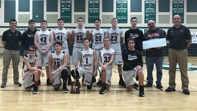 The Tusky Valley 8th grade boys basketball team defeated East Canton to win the IVC North Championship. The TV 8th grade team finished the season 16-0 and finished undefeated 33-0 combined for the 7th-8th grade years. Team members are: FRONT Tate Edinger, Landon Tausch, Beau Wolf, Drew Congdon, Mason Ohler. BACK 7th grade coach Kyle Stotzer, Jack Ritterbeck, Bradly Lab, Joey Sparran, Jarett Wallick, Silas Miller, Cody Robinson, Connar Newsome, bookkeeper Kevin Love, Head Coach Dan Stotzer. Submitted photo