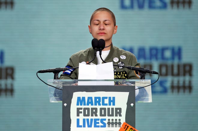 FILE - In this March 24, 2018 file photo, Emma Gonzalez, a survivor of the mass shooting at Marjory Stoneman Douglas High School in Parkland, Fla., closes her eyes and cries as she stands silently at the podium for the amount of time it took the Parkland shooter to go on his killing spree during the "March for Our Lives" rally in support of gun control in Washington. Last year’s shooting at a Florida high school sparked a movement among a younger generation angered by gun violence and set the stage for a significant shift in America’s gun politics. (AP Photo/Alex Brandon)