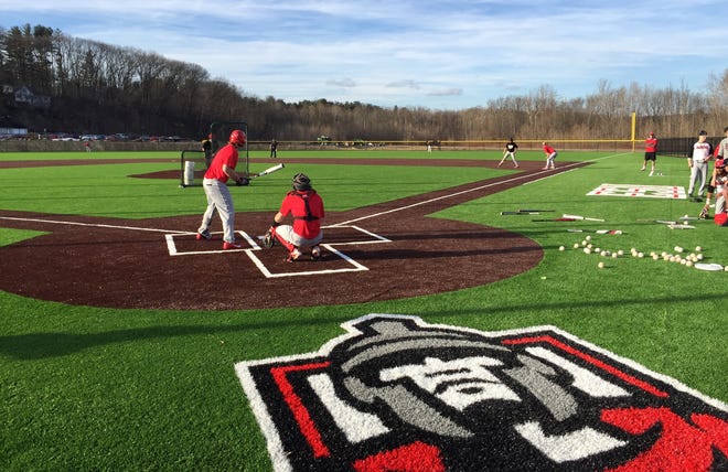 East Stroudsburg University freshman Logan Stirr, at the plate, gets ready for a pitch during a team scrimmage on Tuesday at Creekview Park in Stroudsburg. The Warriors have a new home turf field this spring that they will debut in March. [SHAWN SUCHY/POCONO RECORD]