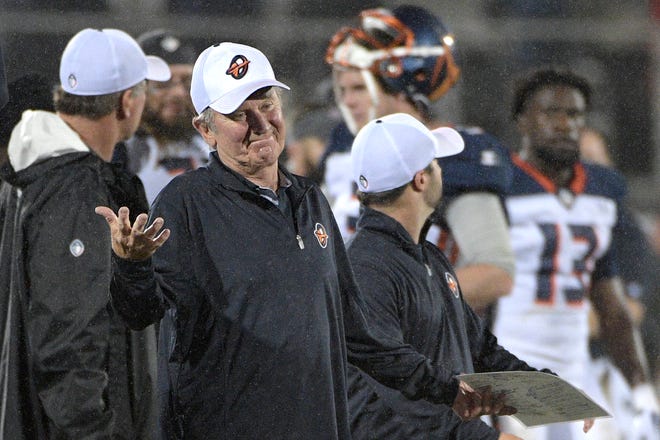 Orlando Apollos coach Steve Spurrier reacts after a play during the second half of the team's Alliance of American Football season opener against the Atlanta Legends on Saturday night in Orlando. [Phelan M. Ebenhack/The Associated Press]