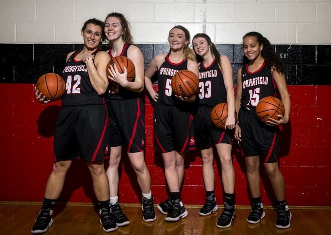 Springfield High School seniors Nicole Swehla (42), Abby Ratsch (40), Savannah Schoeben (5), Maya Fetter (33) and Devyn Heard (15) have been teammates for various lengths between them since they were young. [Justin L. Fowler/The State Journal-Register]