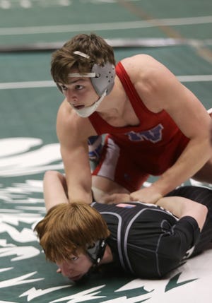 Indian Valley's Dalton Burcher is in control during the match at 138 pounds Saturday. (TimesReporter.com / Hank Keathley)
