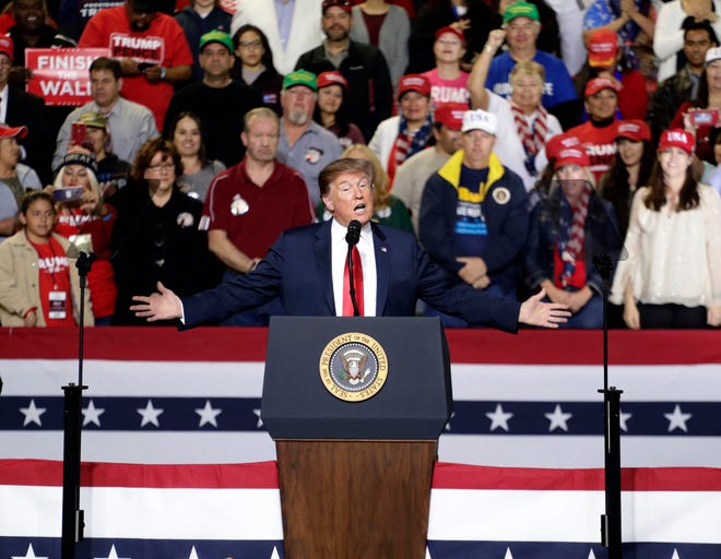 President Donald Trump speaks during a rally at the El Paso County Coliseum, Monday, Feb. 11, 2019, in El Paso, Texas. (AP Photo/Eric Gay)