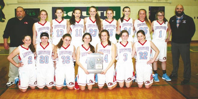 The Lewistown Lady Indians defeated South Fulton 64-39 Friday night at VIT High School to capture an IHSA Class 1A Regional championship. Players and coaches for the Lady Indians include the following. Front row, left to right, Lydia Cripe, Macy Mikulich, Libby Hopkins, Anna Heffren, Sydney Shaeffer, Carli Heffren and Alex Ebert. Back row, left to right, head coach Greg Bennett, Avery Smith, Kate Heffren, Baylee Mayberry, Hannah Burdess, Paige Bennett, Kennedy Mayberry, Kaeli Spotloe, Odessa Grove and assistant coach Joey McLaughlin.