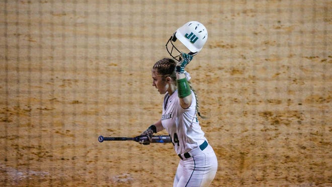 Jacksonville University third baseman Tori Rodebaugh celebrates after scoring in a recent game for the Dolphins. A former Eustis High School standout, Rodebaugh hit .333 in her first four college games [JACKSONVILLE UNIVERSITY]