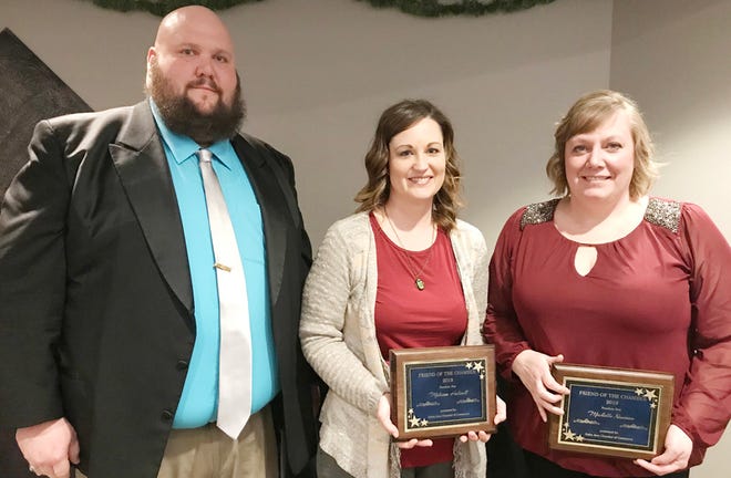 Galva Chamber of Commerce President Adam Jaquet presented the Citizen of Year and Friends of the Chamber honors at the annual meeting and awards dinner. Jaquet, left, presents Melissa Halsall, center, and Michelle Newman, right, Friend of the Chamber awards on behalf the Galva Freedom Fest .
