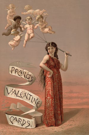 Advertisement for Prang’s greeting cards, showing a woman (Venus?) holding a group of tethered cherubs (Cupids?), floating like balloons above her, 1883. [Wikimedia Commons]
