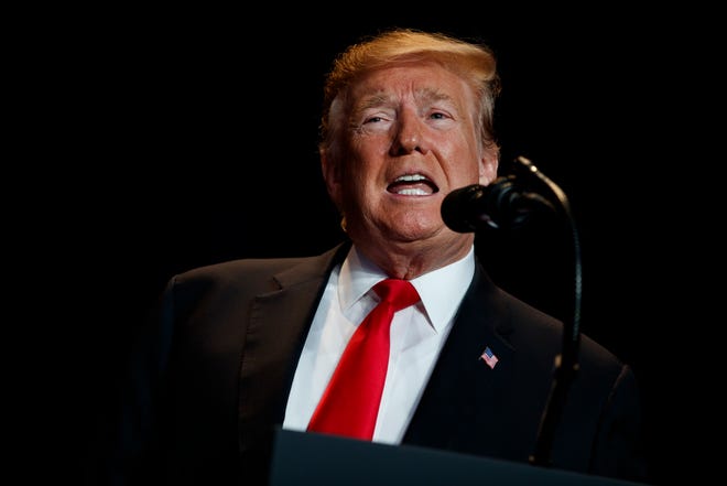 In this Feb. 7, 2019 photo, President Donald Trump speaks during the National Prayer Breakfast, in Washington. Trump is trying to turn the debate over a wall at the U.S.-Mexico border back to his political advantage as his signature pledge to American voters threatens to become a model of unfulfilled promises. Trump will hold his first campaign rally since November’s midterm elections in El Paso, Texas, on Monday. (AP Photo/ Evan Vucci)