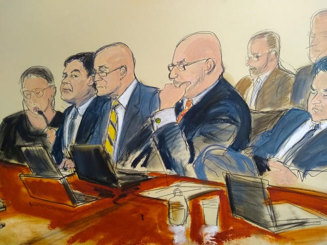 In this courtroom drawing, Joaquin "El Chapo" Guzman, second from left, seated with his defense attorneys, listens to testimony that was read back to the jury, Monday, Feb. 11, 2019, in New York. On its fifth day of deliberations, the jury asked to review law enforcement testimony about seizures of Colombian cocaine being shipped to the Sinaloa cartel to fuel a smuggling empire prosecutors say was under Guzman's command. (Elizabeth Williams via AP)