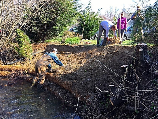A 2018 Bank Stabilization Project at Brandy Branch in Mills River Village involving the N.C Cooperative Extension, Mills River Partnership, Jennings Environmental, Sierra Nevada Brewing Co., Asheville Greenworks and city of Hendersonville Stormwater.