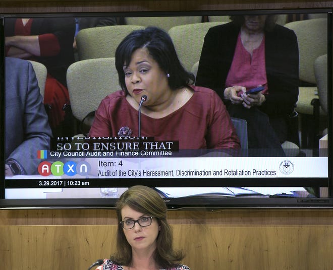 Austin Human Resources Director Joya Hayes is shown speaking on a large screen at a 2017 hearing while Council Member Ellen Troxclair listens. The city's ethics review commission dismissed a complaint against Hayes on Wednesday night. [RALPH BARRERA/AMERICAN-STATESMAN]