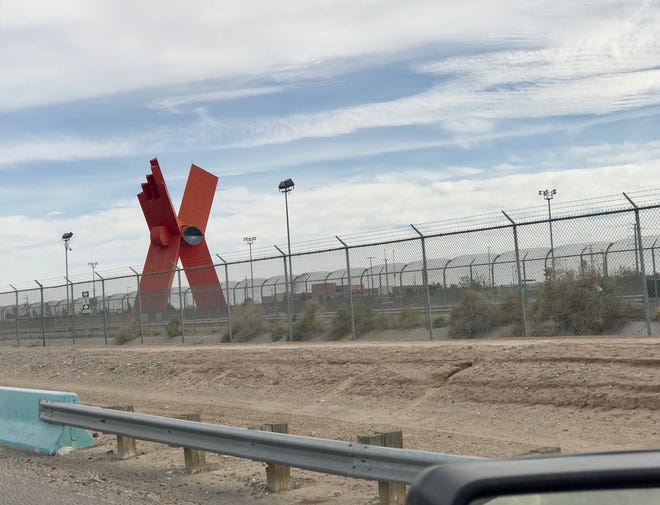 The Monumento a la Mexicaneidad, the centerpiece of an outdoor performance space in Juarez, is separated from El Paso by freeways, the Rio Grande and miles of border fencing. [Photo by Rick Holmes]