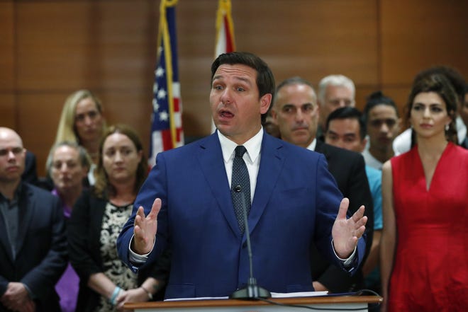 Florida Gov. Ron DeSantis speaks during a news conference, Wednesday, Feb. 13, 2019, in Fort Lauderdale, Fla. (AP Photo/Wilfredo Lee)