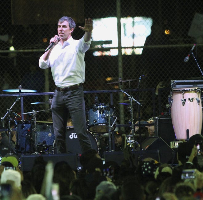 Former U.S. Rep. Beto O'Rourke, D-El Paso, speaks to a crowd at an El Paso ball park Monday near a rally held by President Donald Trump. (RUDY GUTIERREZ/THE ASSOCIATED PRESS]