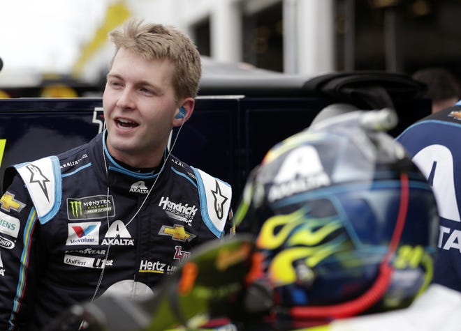 William Byron is shown in his garage during NASCAR auto racing practice at Daytona International Speedway on Saturday in Daytona Beach. Byron has the pole for the Daytona 500. [AP Photo/John Raoux]