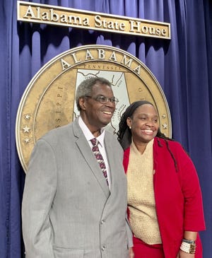 Former Alabama State Sen. Hank Sanders, left, a nine-term member of the Alabama Legislature, who is being replaced in the Alabama Senate by his daughter Sen. Malika Sanders-Fortier, right, attend a press conference to discuss preparation for the annual voting rights match commemoration in Selma. Sanders-Fortier was elected in November. [AP Photo/Kim Chandler]