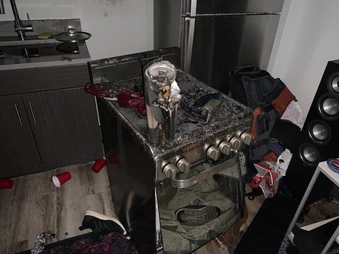 A stove fire that broke out Saturday night in a West Campus high-rise apartment building displaced six residents from two units, Austin fire officials said. [AUSTIN FIRE DEPARTMENT PHOTO]