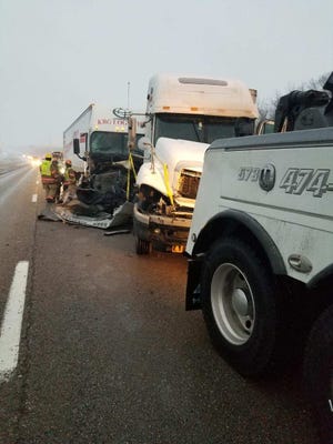 This image from Sunday morning on westbound Interstate 70 near Route Z after a semitrailer struck another truck being towed out of the median after a slide off accident was posted on Twitter by Troop F of the Missouri State Highway Patrol.