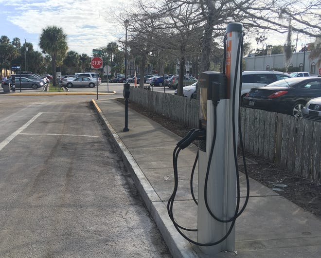 An electric vehicle charging station is shown on DeSoto Place in St. Augustine on Monday. A partnership between the North Florida Transportation Planning Organization and the city of St. Augustine is bringing several electric vehicle charging stations to the area. [SHELDON GARDNER/THE RECORD]