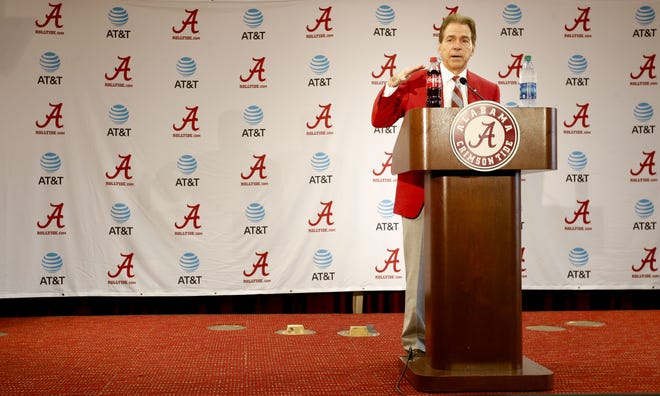 Nick Saban addresses the media Wednesday, Feb. 6, 2019 at the conclusion of National Signing Day. [Staff Photo/Gary Cosby Jr.]