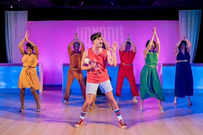 Daniel Drewes and the cast of TexArts' "Xanadu" produce a colorful rendition of the goofy stage musical based on a moive that starred Olivia Newton-John and Gene Kelly. [Contributed by April Paine]