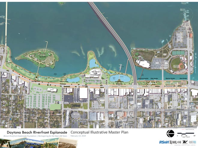 A $15 million plan to overhaul Daytona Beach's Riverfront Park includes adding a variety of gardens, trees, trails, fountains, benches and picnic pavilions. City commissioners will discuss the plan Wednesday. [Rendering provided by Marquis Latimer and Halback and the Brown Riverfront Esplanade Foundation]