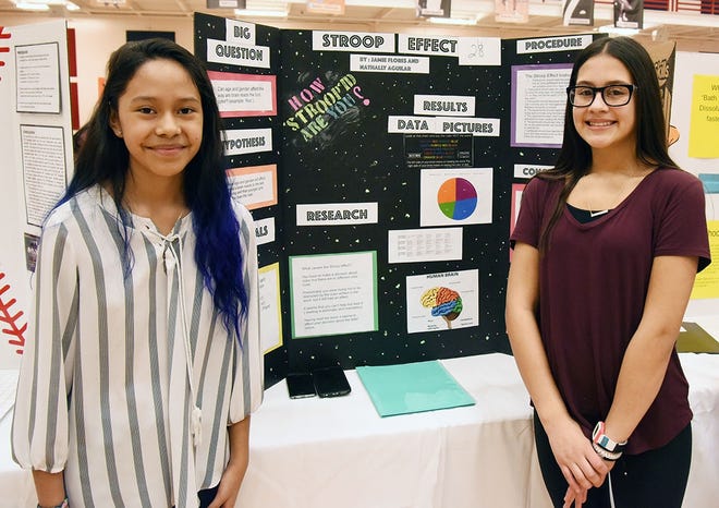 The science fair project created by the team of Nathally Aguilar, left, and Jamie Flores of Contentnea-Savannah K-8 will be among nine projects representing LCPS at the NC Science and Engineering Fair in Raleigh in March. Nathally and Jamie won second place in the middle school Bioscience competition at the regional fair in Greenville on Saturday. In all, LCPS students brought 12 awards. [Contributed photo]