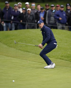 Jordan Spieth reacts after missing a putt on the first hole during the final round of the Genesis Open golf tournament at Riviera Country Club on Sunday in the Pacific Palisades area of Los Angeles. [AP Photo/Ryan Kang]