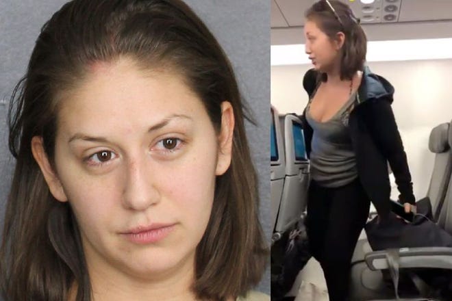 Screen grabs from passenger video of Florida woman's outburst that lead to her being kicked off the Fort Lauderdale JetBlue flight to Las Vegas. (Credit Broward Sheriff's Office and @bigoshow, Orlando Alzugaray's Twitter account)