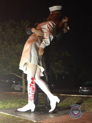 The "Unconditional Surrender" statue, located at North Gulfstream Avenue and Bayfront Drive in Sarasota, was vandalized sometime Monday. [HERALD-TRIBUNE STAFF PHOTO / CARLOS R. MUNOZ]