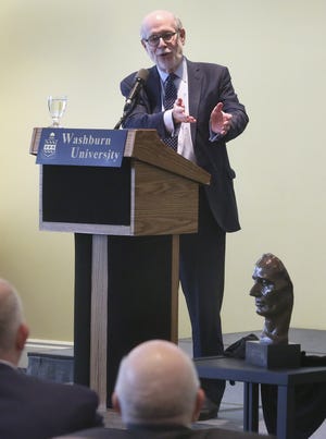 Harold Holzer presents "Lincoln and 150 Years of Fake News" on Thursday at Washburn University's Bradbury Thompson Alumni Center. Before the lecture, "The Face of Lincoln," a bronze statue created by Robert Merrell Gage, was unveiled. [Thad Allton/The Capital-Journal]