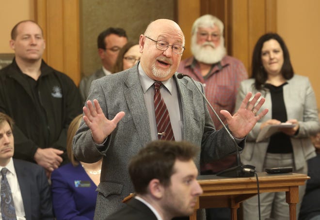 Alan Albers testifies Thursday against legislation to restrict where wind turbines can be placed. [Thad Allton/The Capital-Journal]