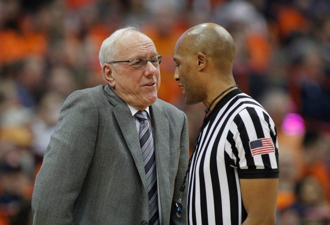 Syracuse head coach Jim Boeheim, left, plans to coach Saturday against Duke. He was involved in a fatal crash earlier this week. [NICK LISI / THE ASSOCIATED PRESS]