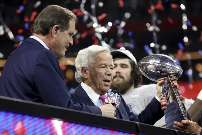 New England Patriots owner Robert Kraft celebrates a win against the Los Angeles Rams after NFL Super Bowl 53, Sunday, February 3, 2019 in Atlanta. The Patriots won 13-3. [GREGORY PAYAN/ASSOCIATED PRESS]