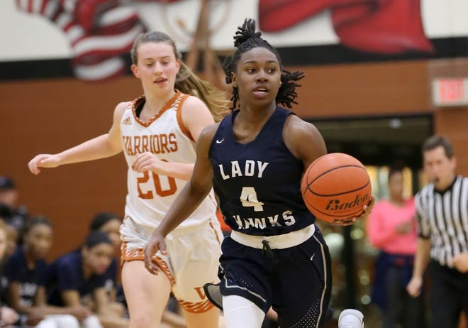 Hendrickson's Mikayla Woods (4), bringing the basketball upcourt against Westwood last month, scored 40 points but the Hawks lost to Allen in a regional-semifinal thriller. [Jamie Harms for AMERICAN-STATESMAN]