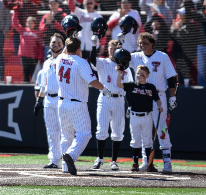 Texas Tech's Tanner O'Tremba (44) looks to cross home plate and celebrate a home run Sunday in the third and final game of a series against Kentucky at Dan Law Field at Rip Griffin Park. O'Tremba finished with seven RBI as the No. 3 Red Raiders defeated the Wildcats 19-4. [Abbie Burnett/A-J Media]