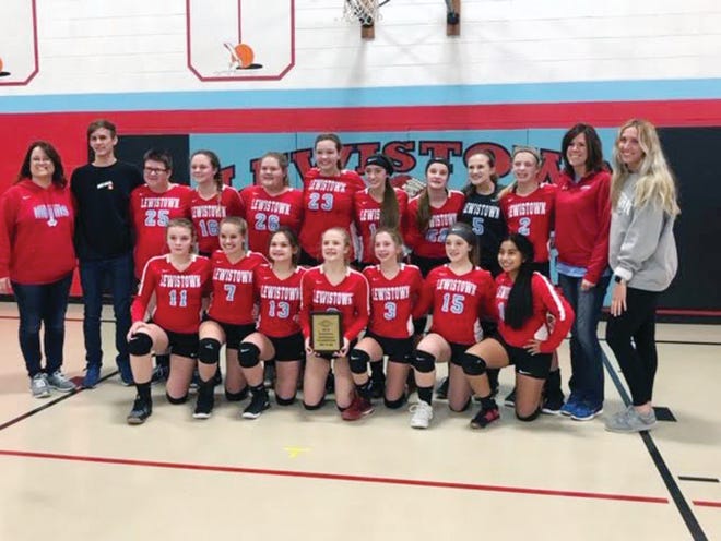 Players and coaches for the Lewistown eighth grade volleyball team include the following. Front row, left to right, Lexi Kruzan, Annie McAdams, Scarlett Potter, Kamryn Bainter, Landry Smith and Makenna Johnson. Back row, left to right, coach Sonya Baldwin, manager Devin Boggs, Brianna Thompson, Gracie Taylor, Brooke Lerch, Natalee Miller, Halle Tindall, Abby Wiegand, Isabelle Cooper, Kelsey Irwin, coach Tina Jockisch and coach Angel Myers.