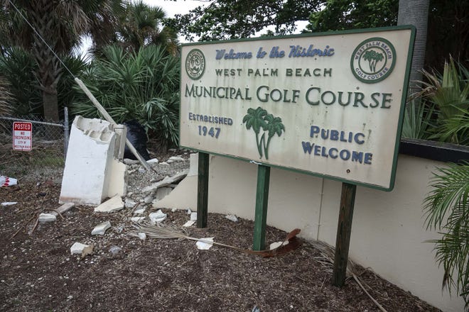 View of signage Monday at the entrance to the former West Palm Beach Municipal Golf Course. [BRUCE R. BENNETT/palmbeachpost.com]